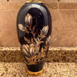 Lindner Bavaria Echt Cobalt Blue and Gold Porcelain Vase Magnolia Mint